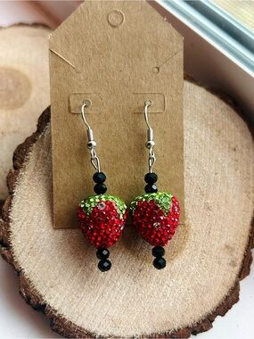 Sparkly Strawberry Dangle Earrings | Rhinestone Fruit Earrings Cottagecore